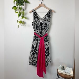 We Love Vera Anthropologie Black White Dress Silk Sash Sleeveless Fit Flare S